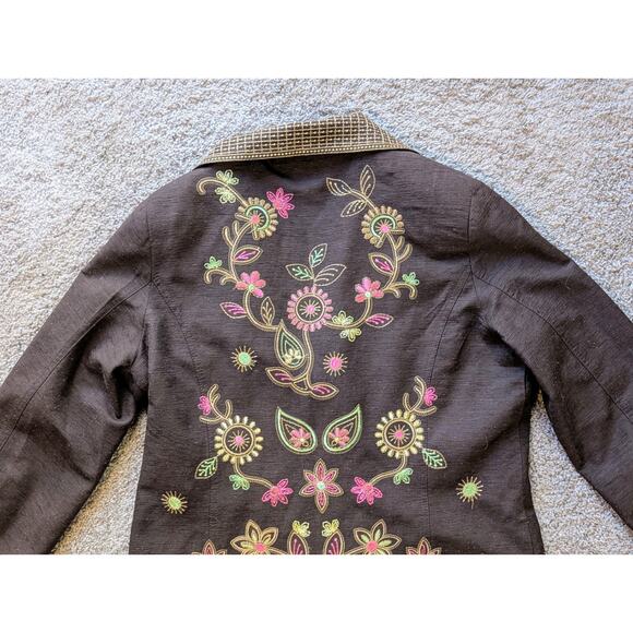 VTG Silkland S Women 100% Silk Brown Floral Jacket Embroidered Collared Lined - Picture 14 of 15